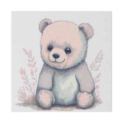 14x14" in .75" depth canvas with a cuddly bear with big round eyes and smiling in colors peach, and bluish peach gray with peach colored leaves on the background design