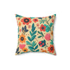 16x16"  faux suede pillow with mid century boho inspired floral reds, greens and pinks design