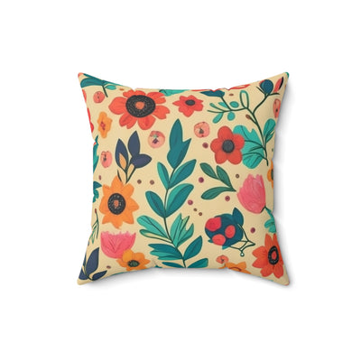 16x16"  polyester pillow with mid century boho inspired floral reds, greens and pinks design