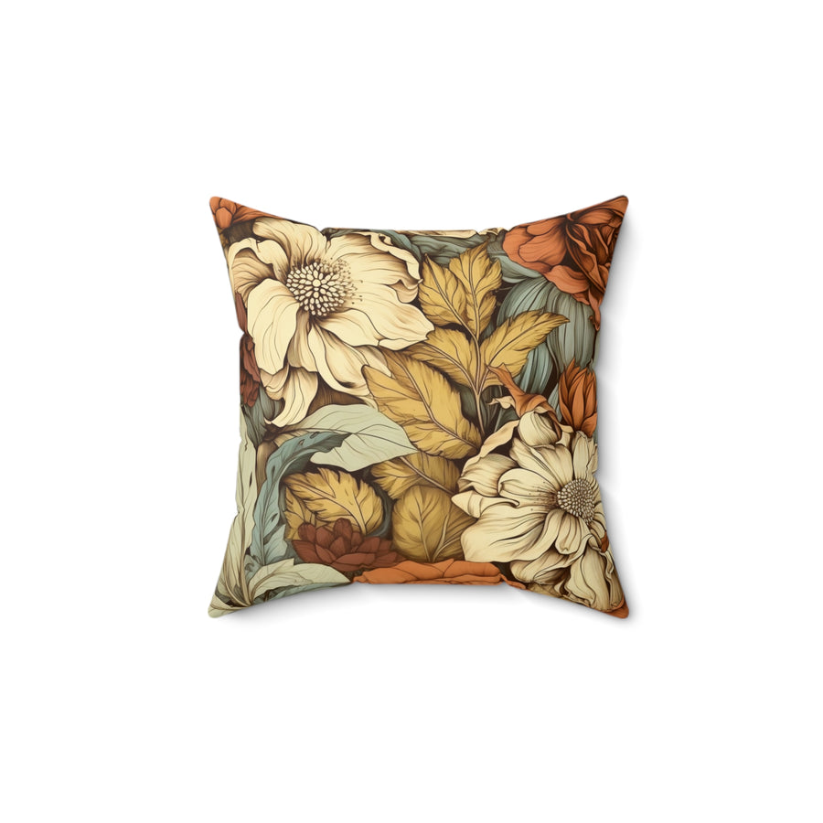 20x20" floral throw pillow with a big florals and leaves in vintage  color beige, reddish brown and greens 