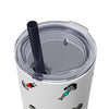 20oz skinny tumbler with midnight blue straw in colorful cartoon style people logo wearing dresses and shirts in colors red, blue, black, white and green in random positions and a small written brand name at the bottom of the tumbler close view showing the plastic press on lid