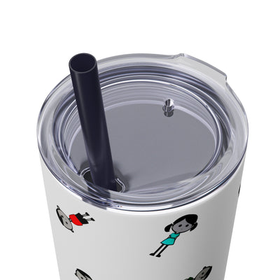 20oz skinny tumbler with midnight blue straw in colorful cartoon style people logo wearing dresses and shirts in colors red, blue, black, white and green in random positions and a small written brand name at the bottom of the tumbler close view showing the plastic press on lid