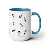 15 oz two toned mug in aqua blue in colorful cartoon style people logo wearing dresses and shirts in colors red, blue, black, white and green in random positions and a small written brand name at the bottom of the mug near the handle