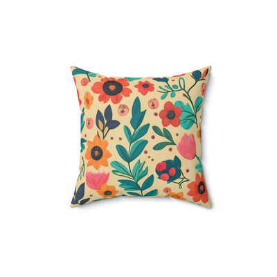 14x14"  polyester pillow with mid century boho inspired floral reds, greens and pinks design