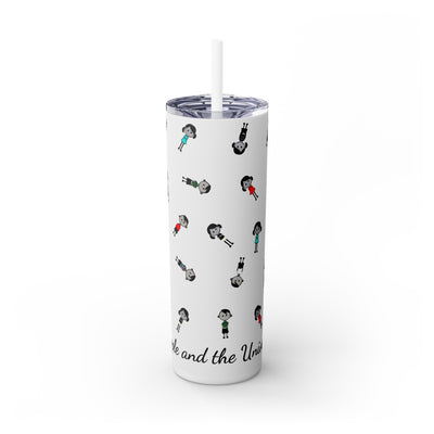 20oz skinny tumbler with white straw in colorful cartoon style people logo wearing dresses and shirts in colors red, blue, black, white and green in random positions and a small written brand name at the bottom of the tumbler