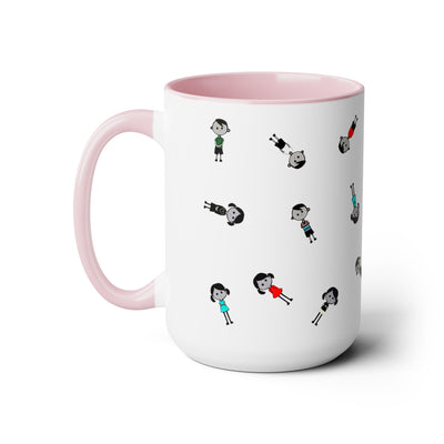 15 oz two toned mug in pink in colorful cartoon style people logo wearing dresses and shirts in colors red, blue, black, white and green in random positions left view