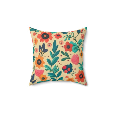 14x14" faux suede pillow with mid century boho inspired floral reds, greens and pinks design