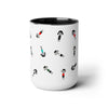 15 oz two toned mug in black in colorful cartoon style people logo wearing dresses and shirts in colors red, blue, black, white and green in random positions front view