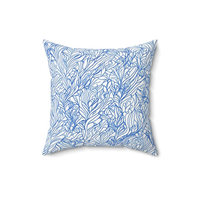 16x16"  White 100% Polyester Throw pillow with blue scribbled leaves design