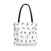 18x17 " tote bag with black cotton handles with the  brand logo design of people with colorful outfits of red, blue, black and green on a white background cartoon style and word printed brand name of People and the Universe front view 