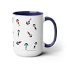 15 oz two toned mug in midnight blue in colorful cartoon style people logo wearing dresses and shirts in colors red, blue, black, white and green in random positions and a small written brand name at the bottom of the mug near the handle