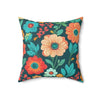 "18x18" polyester pillow with big colorful floral design in dark greens, dark oranges and aqua blue