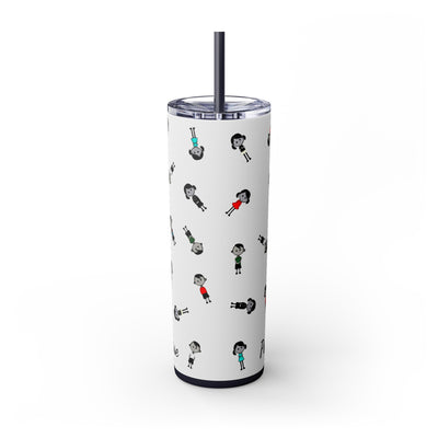 20oz skinny tumbler with midnight blue straw in colorful cartoon style people logo wearing dresses and shirts in colors red, blue, black, white and green in random positions and a small written brand name at the bottom of the tumbler back view