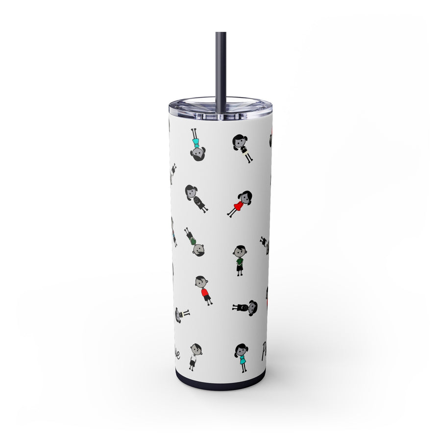 20oz skinny tumbler with midnight blue straw in colorful cartoon style people logo wearing dresses and shirts in colors red, blue, black, white and green in random positions and a small written brand name at the bottom of the tumbler