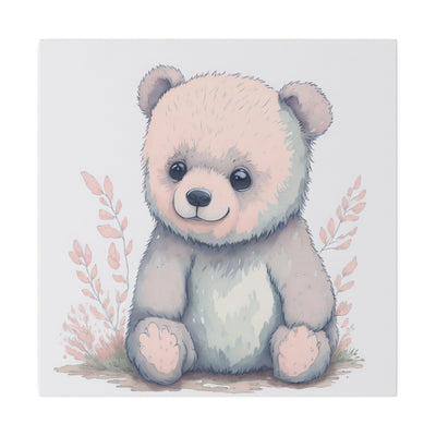 32x32"  in .75" depth canvas with a cuddly bear with big round eyes and smiling in colors peach, and bluish peach gray with peach colored leaves on the background design