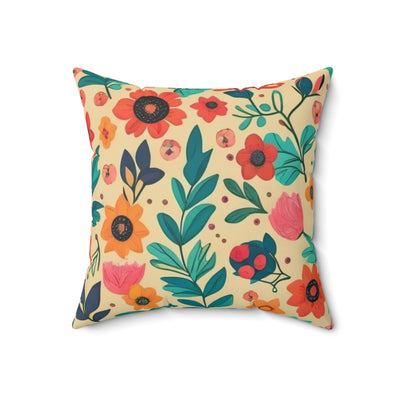 18x18"  polyester pillow with mid century boho inspired floral reds, greens and pinks design