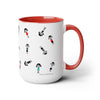 15 oz two toned mug in red in colorful cartoon style people logo wearing dresses and shirts in colors red, blue, black, white and green in random positions and a small written brand name at the bottom of the mug near the handle