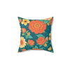 14x14" Polyester pillow with big colorful floral design in dark oranges and yellows in a dark green background