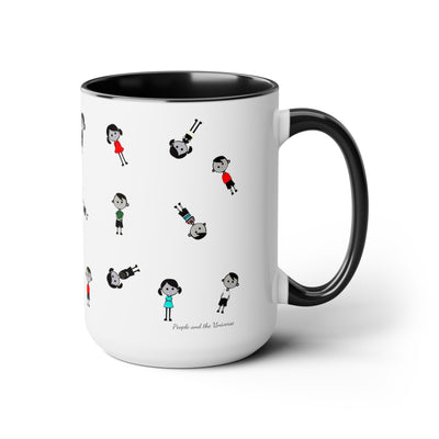 15 oz two toned mug in black in colorful cartoon style people logo wearing dresses and shirts in colors red, blue, black, white and green in random positions and a small written brand name at the bottom of the mug near the handle