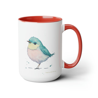 15 oz Two-Toned Mug with Red Interior and Handle, Glossy Finish, Colorful Light Aqua Blue, Light Yellow, and Light Pink Pastel Standing Bird Design in Watercolor Style. Right View with a Small Brand Name at the Bottom Left Side of the Mug