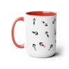 15 oz two toned mug in red in colorful cartoon style people logo wearing dresses and shirts in colors red, blue, black, white and green in random positions left view