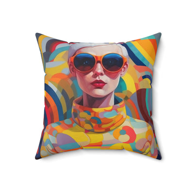 18x18" Faux suede throwpillow retro inspired girl with short hair and orange sunglasses and multi colored outfit design