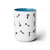 15 oz two toned mug in aqua blue in colorful cartoon style people logo wearing dresses and shirts in colors red, blue, black, white and green in random positions front view