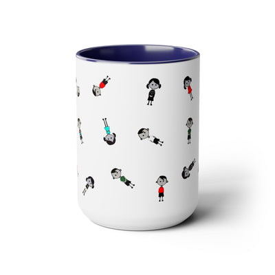 15 oz two toned mug in midnight blue in colorful cartoon style people logo wearing dresses and shirts in colors red, blue, black, white and green in random positions front view