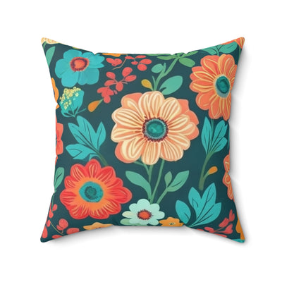 "20x20" Polyester Throw Pillow with big colorful floral design in dark greens, dark oranges and aqua blue