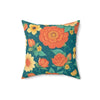 16x16" Polyester pillow with big colorful floral design in dark oranges and yellows in a dark green background