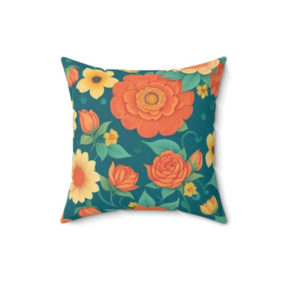 16x16" Polyester pillow with big colorful floral design in dark oranges and yellows in a dark green background