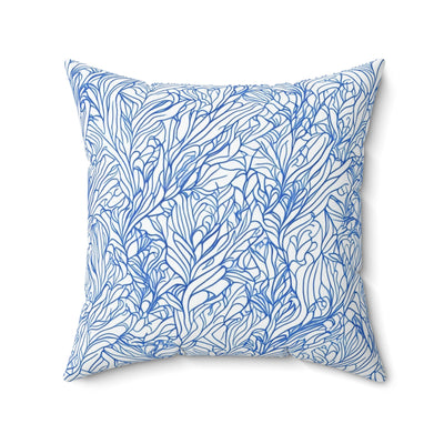 20x20 White 100% Polyester Throw pillow  with blue scribbled leaves design