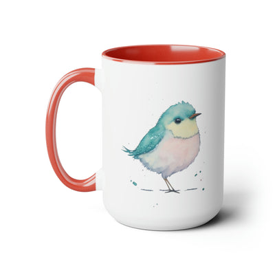 15oz two toned mug with red interior and handle with glossy finish in colorful light aqua blue, light yellow and light pink pastel of a standing  bird design in water color style right view