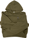 Actual product Pull over no draw cord hoodie in Olive 100% cotton with embroidered logo of a young boy wearing a white shirt and black shorts and shoes cartoon style at the left side chest