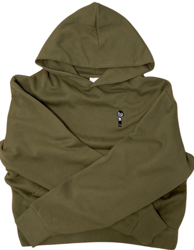 Actual product Pull over no draw cord hoodie in Olive 100% cotton with embroidered logo of a young boy wearing a white shirt and black shorts and shoes cartoon style at the left side chest