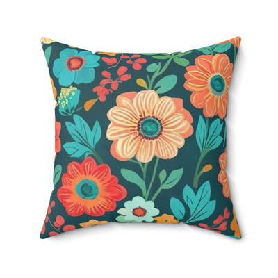 20x20" faux suede pillow with big colorful floral design in dark greens, dark oranges and aqua blue