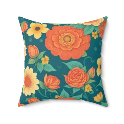 20x20" faux suede pillow with big colorful floral design in dark oranges and yellows in a dark green background