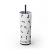 20oz skinny tumbler with midnight blue straw in colorful cartoon style people logo wearing dresses and shirts in colors red, blue, black, white and green in random positions and a small written brand name at the bottom of the tumbler