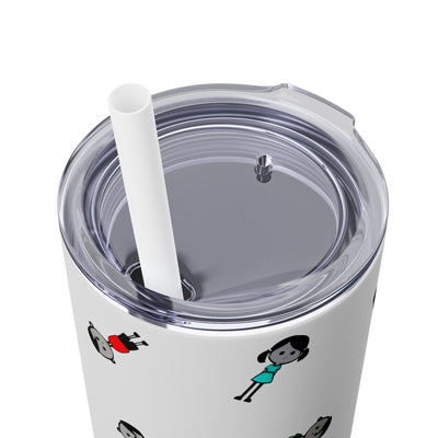 20oz skinny tumbler with white straw in colorful cartoon style people logo wearing dresses and shirts in colors red, blue, black, white and green in random positions and a small written brand name at the bottom of the tumbler close view showing the plastic press on lid