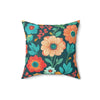 16x16" faux suede pillow with big colorful floral design in dark greens, dark oranges and aqua blue