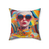 18x18" polyester throw pillow retro inspired girl with short hair and orange sunglasses and multi colored outfit design