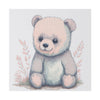 24x24"  in .75" depth canvas with a cuddly bear with big round eyes and smiling in colors peach, and bluish peach gray with peach colored leaves on the background design