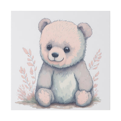 24x24"  in .75" depth canvas with a cuddly bear with big round eyes and smiling in colors peach, and bluish peach gray with peach colored leaves on the background design