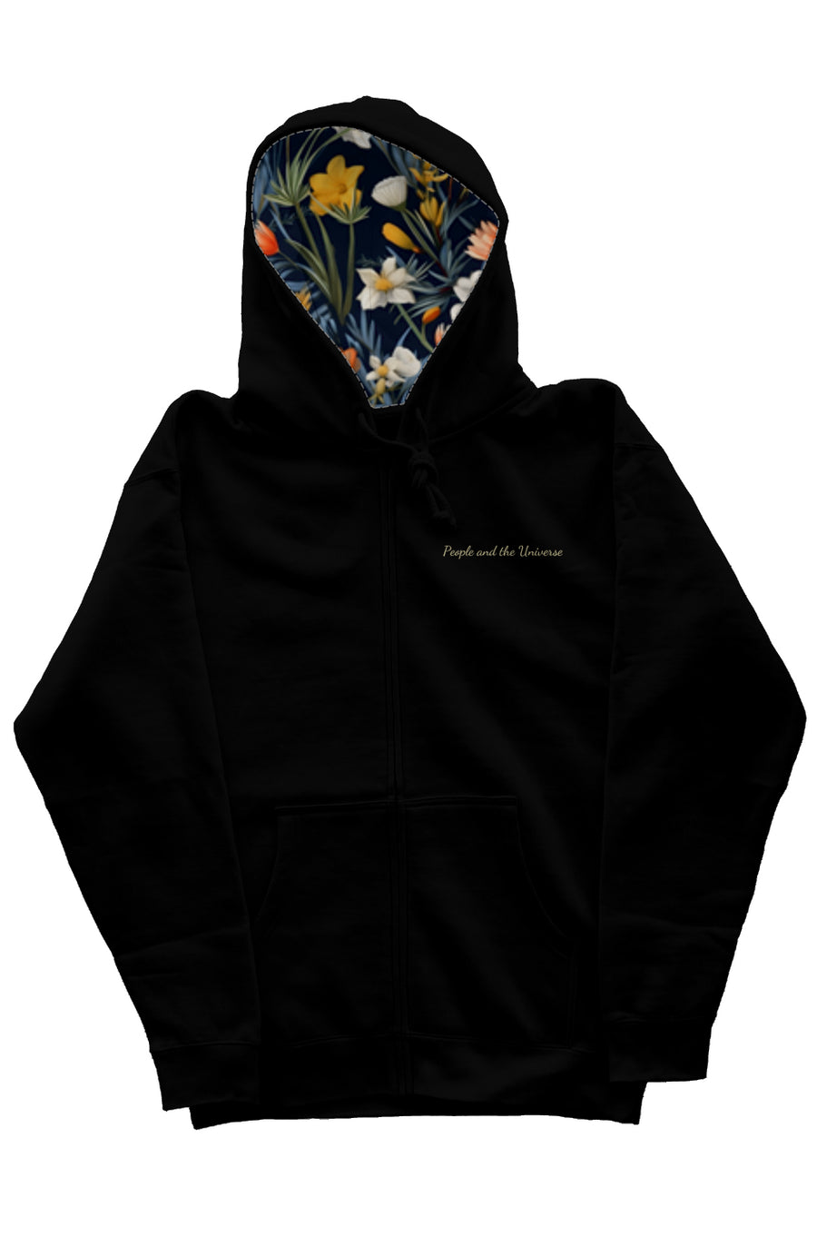 Black 8.5 oz zip hoody with wild flowers design in lining of the hood in yellows, oranges, blues and white with brand name embroidery on left side chest