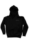 Black  10oz cotton/polyester blend hoodie with embroidered brand name on the front