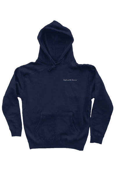 Navy  10oz cotton/polyester blend hoodie with embroidered brand name on the front