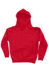 Red  10oz cotton/polyester blend hoodie with embroidered brand name on the front