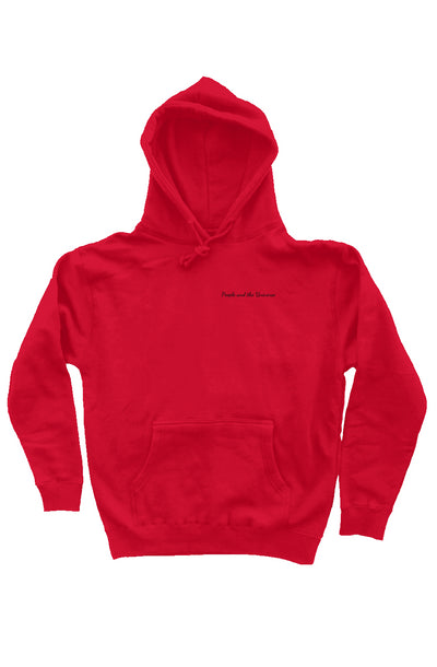 Red  10oz cotton/polyester blend hoodie with embroidered brand name on the front