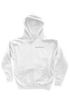 White  10oz cotton/polyester blend hoodie with embroidered brand name on the front