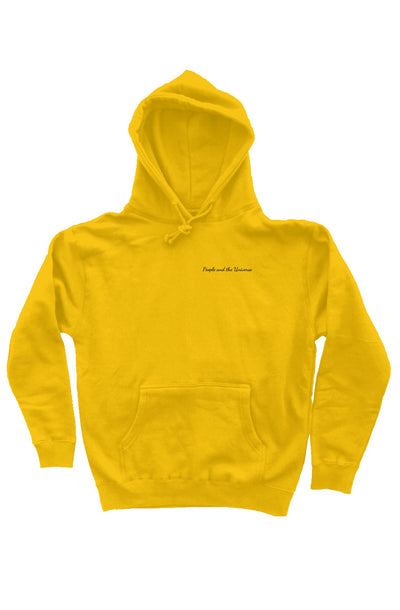 Yellow 10oz cotton/polyester blend hoodie with embroidered brand name on the front